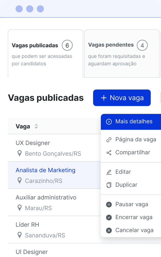 Tela de vagas publicadas